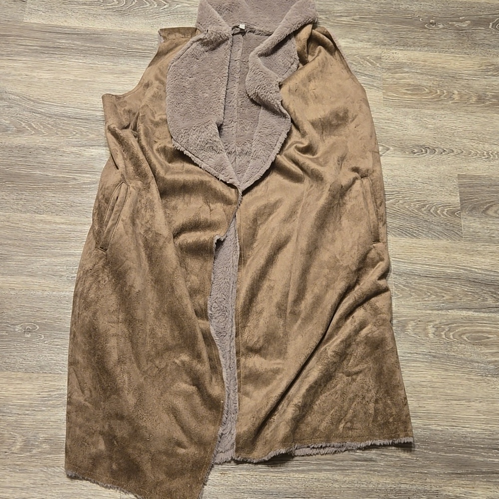 Laju Faux Suede Duster Vest With Faux Fur Lining